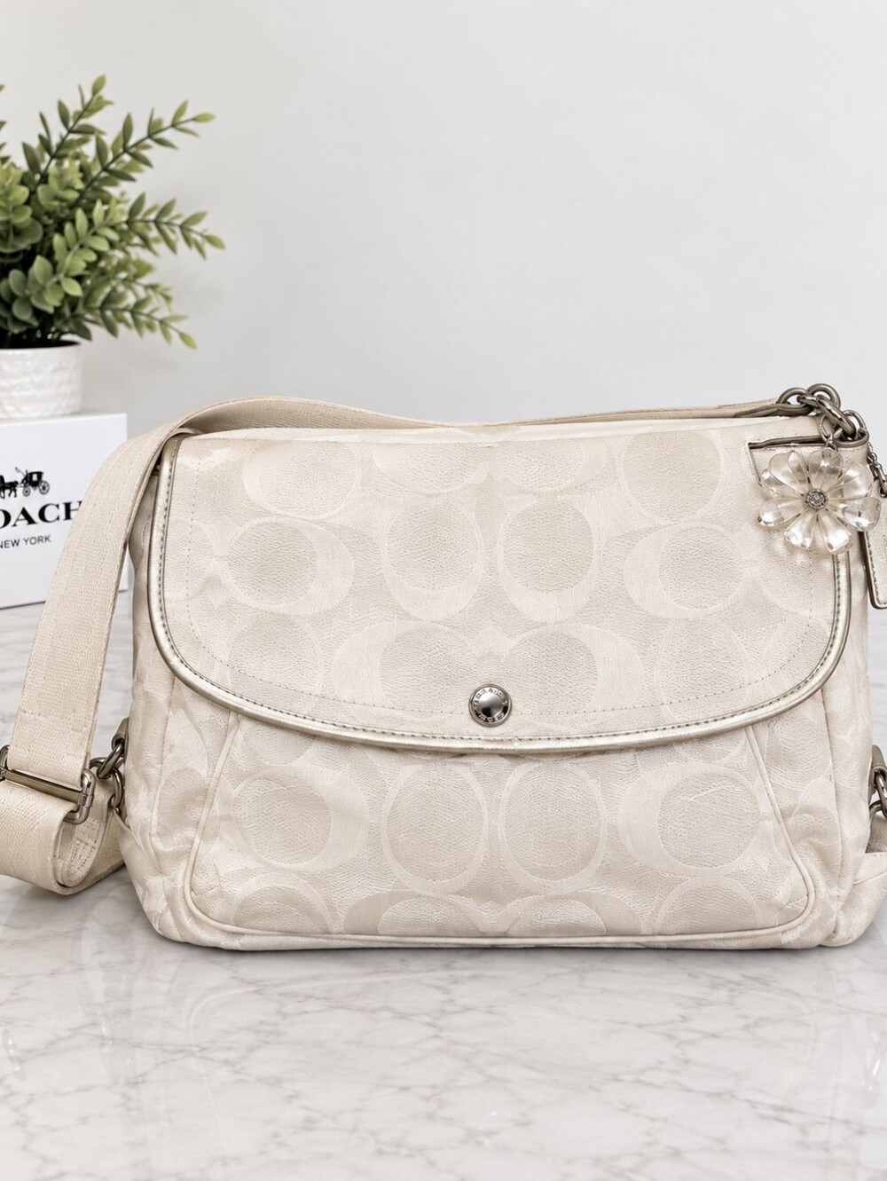 Coach Kyra White Signature Shoulder Bag with Crystal Flower Charm